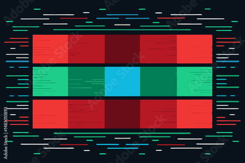 Generate a vibrant digital art piece showcasing a bold RGB glitch pattern composed of geometric blocks and sharp lines, emphasizing a strong sense of digital distortion and error.