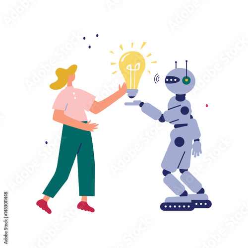 Robot give lightbulb to female employee offer productive business solution. Virtual assistant or cyborg help businesswoman with innovative idea or startup project. Innovation. Vector illustration.