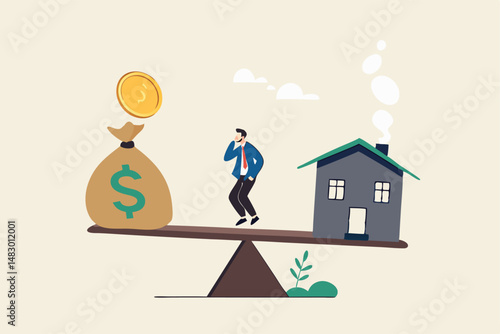 Decision between pay off mortgage or invest in stock market, most benefit or profit, financial decision, option to choose concept, businessman think between pay off mortgage and invest for profit.