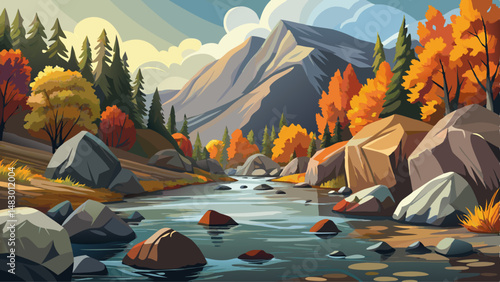 Boulders and rocks in fresh water stream at rural British Columbia in autumn time