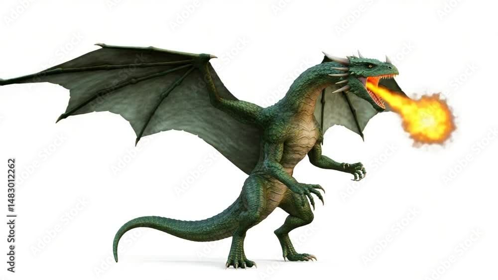 Green dragon breathing fire render isolated on white background
