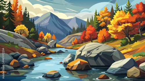 Boulders and rocks in fresh water stream at rural British Columbia in autumn time