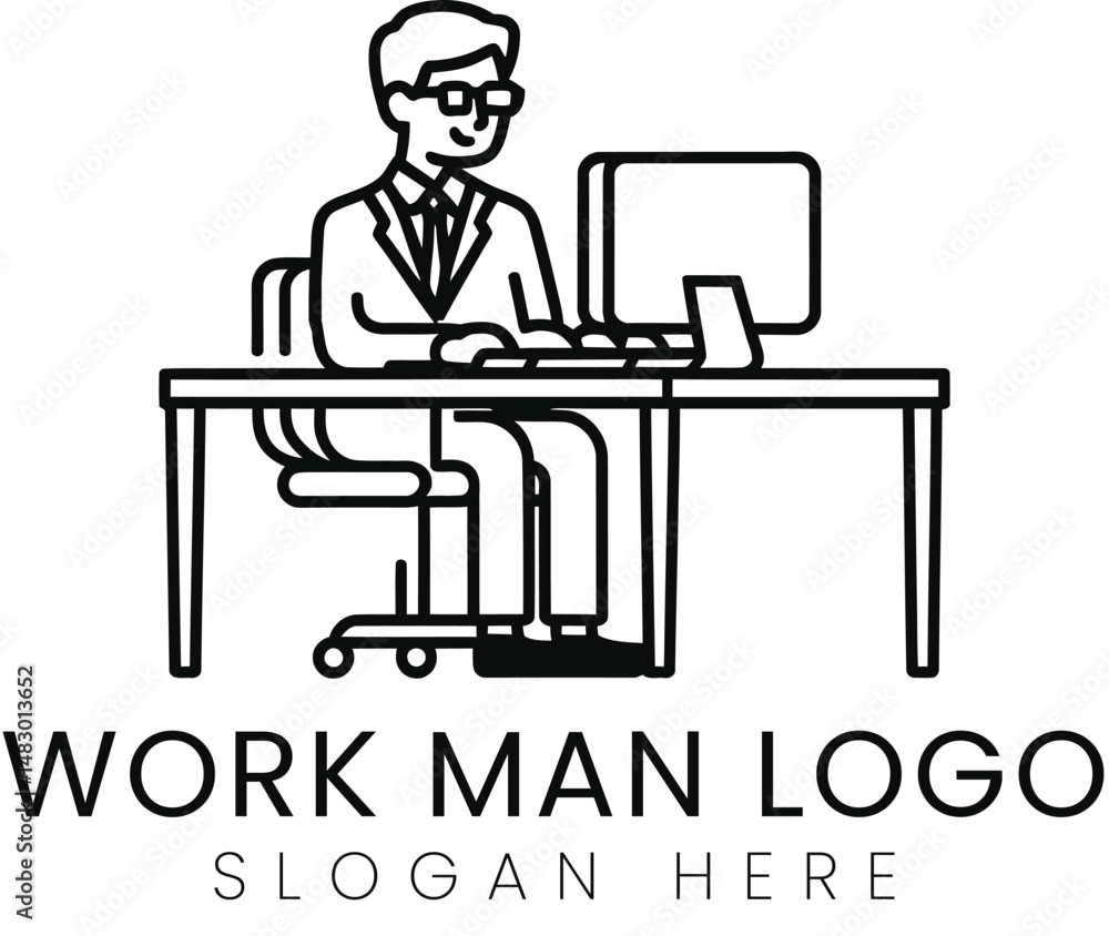 Professional Businessman Working at Desk Computer Logo job art icon team line Professional Businessman Working at Desk Computer Logo job art icon team line