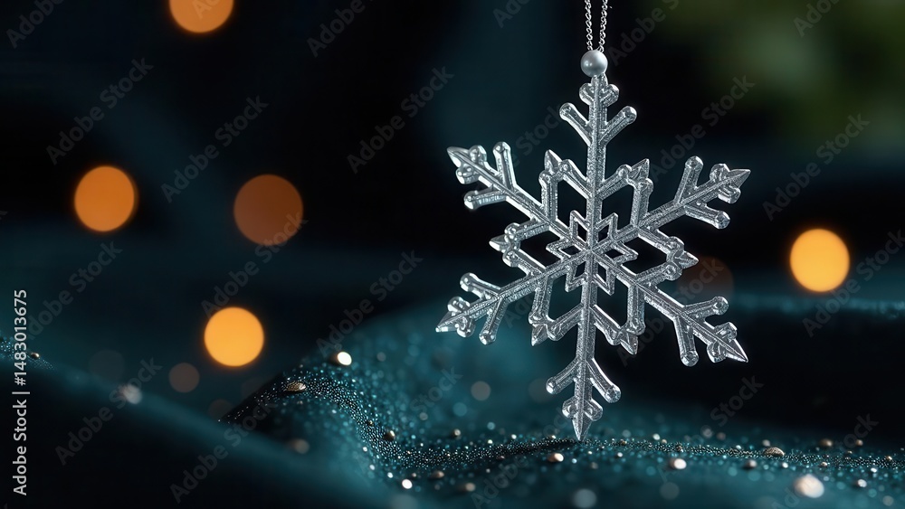 A shimmering silver snowflake ornament hangs delicately against a dark teal backdrop adorned with subtle golden sparkles, creating a festive winter scene. A shimmering silver snowflake ornament hangs delicately against a dark teal backdrop adorned with subtle golden sparkles, creating a festive winter scene.