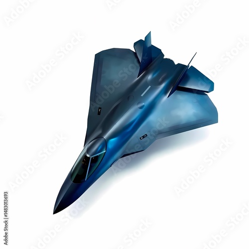 A sleek, blue fighter jet with a stealthy design, angled wings, and a cockpit