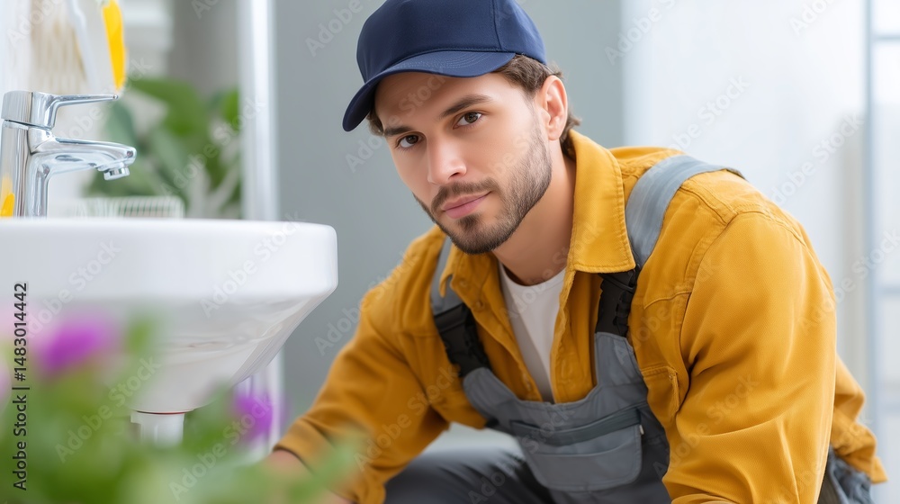 Skilled plumber working on bathroom sink repair in modern home setting during daylight