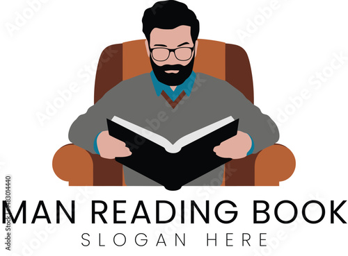 Bearded Man Relaxed Reading Book in Armchair home calm cozy gray flat icon logo 