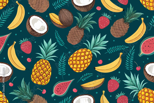 Vibrant, funky fruit pattern featuring bold, graphic illustrations of tropical fruits like mangoes, pineapples, and bananas.  Perfect for textile design or wallpaper.