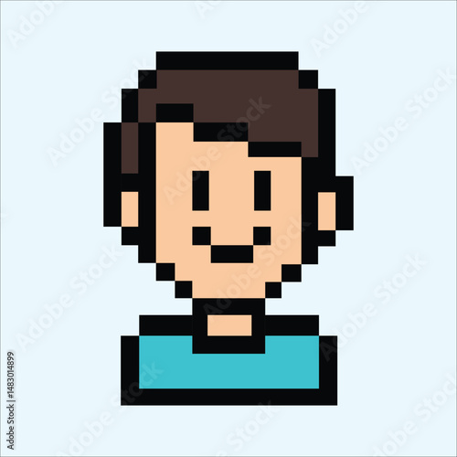 Pixel adult male avatar in blue outfit on pastel blue