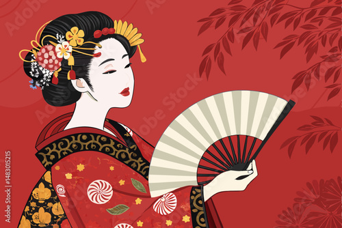 Create a vibrant vector illustration of a geisha, featuring a bold, geometric kimono pattern and traditional Japanese paper elements.  Focus on intricate details and a stylish, contemporary aesthetic.