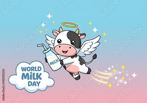 Cartoon cow angel soaring through a pastel sky for World Milk Day celebration, holding milk.