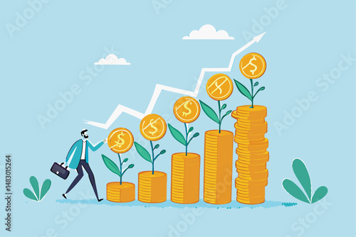 Compound interest growth, savings, investment or wealth accumulation formula, interest rate principal, profit or earning, prosperity concept, businessman watering compound interest seedling growth.