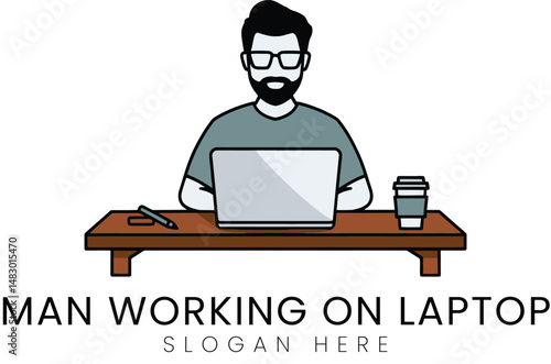 Bearded Man Working on Laptop at Desk Modern Design cup job icon flat male neat 