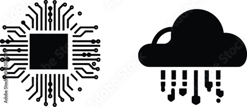 Technology & Cloud Computing Symbol Set Featuring Two Unique Icons: A Microchip or Processor with Circuit-Like Extensions Representing Hardware and Computing Power, and A Cloud with Hanging Lines