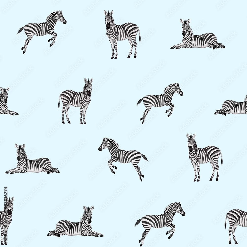 Obraz premium Watercolor Seamless Pattern with Zebras for printing on paper, packaging, wrapping on a blue background.
