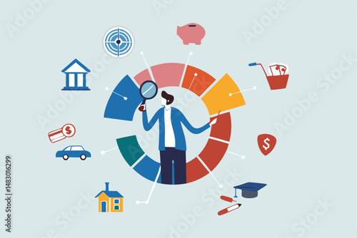 Budget planning, financial expense or spending allocation, investment, income, saving percentage pie chart, cost tracking or debt management concept, businessman analyze budget allocation pie chart.