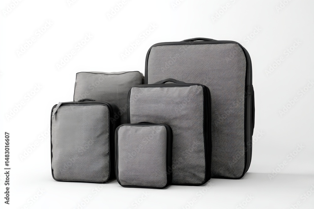 Fototapeta premium Set of gray travel organizers in various sizes, perfect for packing and keeping clothes organized while traveling.