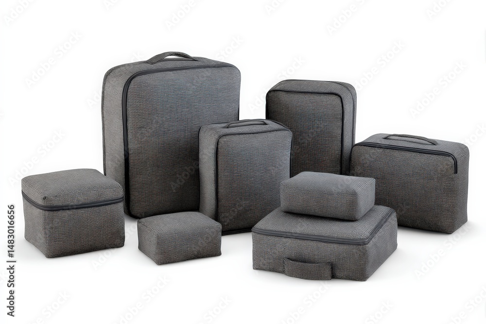 Fototapeta premium A collection of gray travel organizers in various sizes, perfect for packing and organizing belongings while traveling.