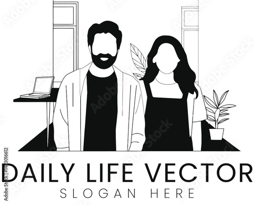 Stylish Couple Minimalist Line Art Vector Illustration man love home room life  