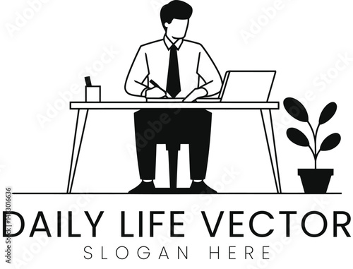 Businessman Working Daily Life Office Desk Vector job pot art note flat icon    