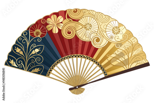 Create a vector illustration of a Japanese folding fan adorned with intricate, elegant golden patterns.  The design should be detailed and visually appealing.