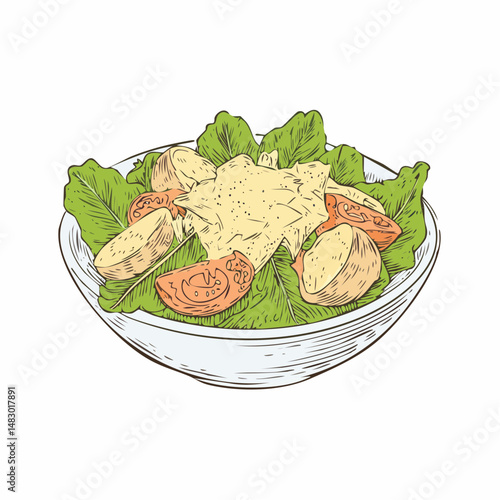 Caesar salad with chicken hand drawn engraving sketch Restaurant business concept Vector illustration.