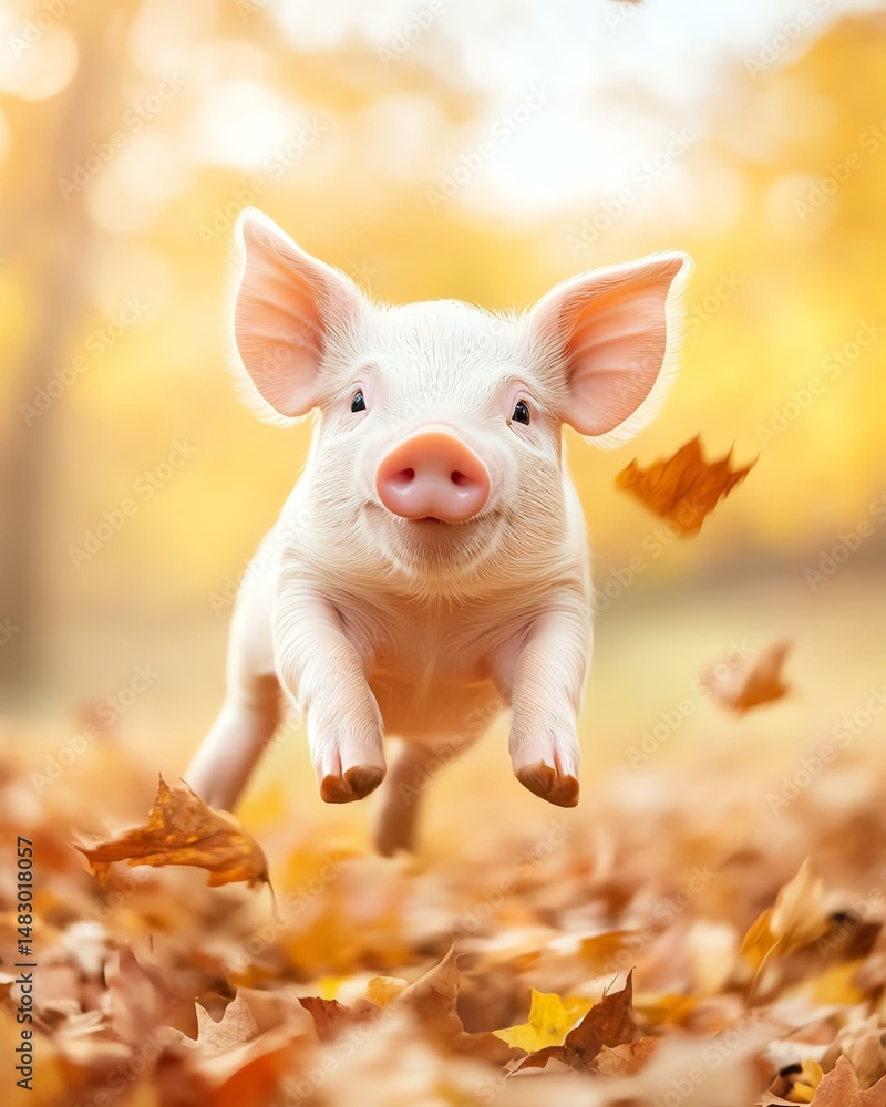 custom made wallpaper toronto digitalcute pig with different poses A joyful piglet leaps through a carpet of autumn leaves, embodying playfulness and the beauty of nature in a vibrant seasonal landscape.
