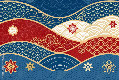 Create a vibrant vector illustration of a Japanese pattern featuring bold seigaiha waves and a complementary geometric design element.  Include high-resolution detail.