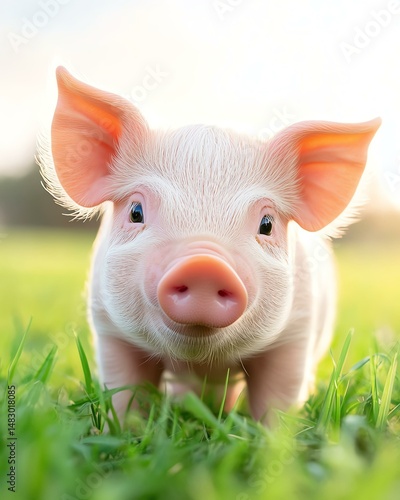 cute pig with different poses A cute, young piglet stands playfully in a lush green field, showcasing its charm and innocence in a serene natural environment.