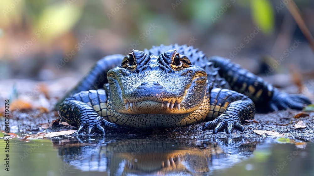 Fototapeta premium Close-up of alligator on riverbank reflecting in water