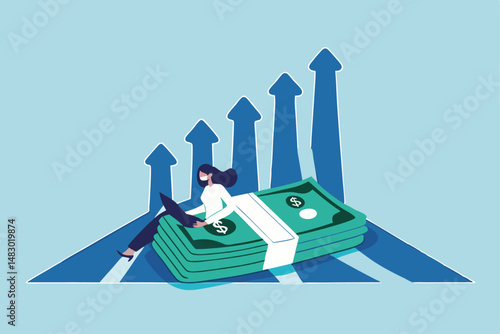 Increase income or salary raise, growing investment, wealth or saving profit, revenue rising, improvement or accumulate wealth concept, woman working with computer on banknote money growing graph.
