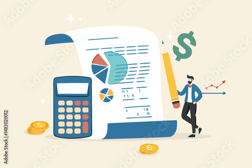 Financial statement, money expense profit and loss report, tax audit chart and graph, calculate budget, financial research or banking document concept, business man with financial statement document.