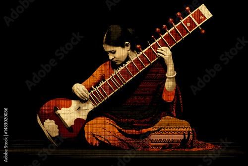 modern flat vector illustration of an indian woman playing a sitar with traditional patterns in the background, representing culture and art,