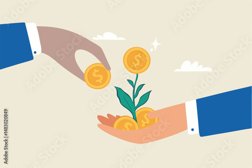 Investment growth, investing for financial independent or financial freedom, mutual fund or growth stock, saving or earning profit concept, businessman hand put money coin on growing money seedling.