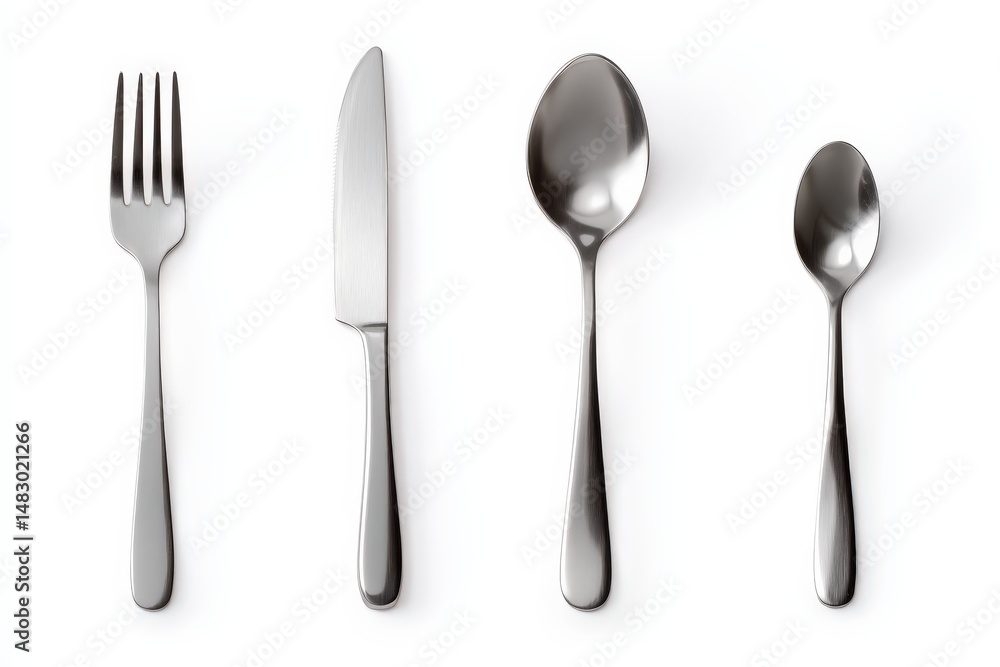 Sleek silverware set against a bright white background. A fork, knife, soup spoon, and teaspoon arranged neatly. Sleek silverware set against a bright white background. A fork, knife, soup spoon, and teaspoon arranged neatly.