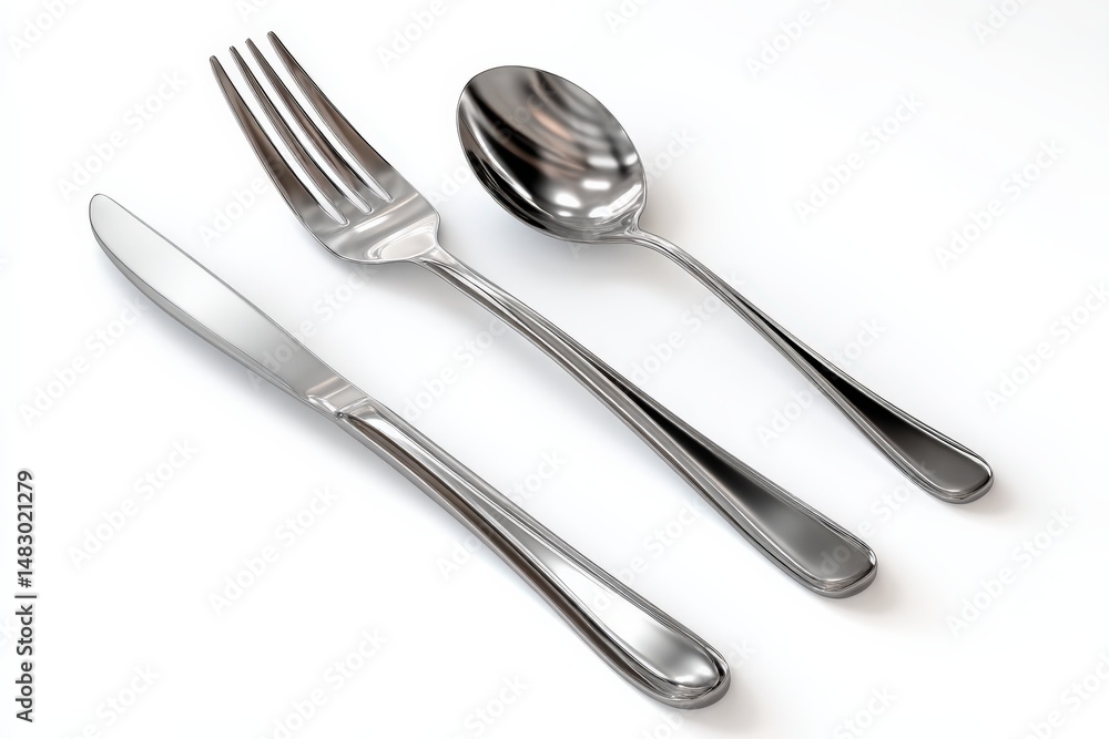 Elegant silverware set: fork, spoon, and knife, gleaming on a white background. Perfect for a formal dining setting. Elegant silverware set: fork, spoon, and knife, gleaming on a white background. Perfect for a formal dining setting.