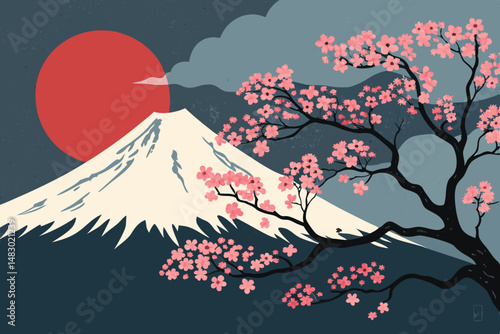 Create a vibrant vector illustration of Mount Fuji at sunrise, featuring a bold red sun and profuse, stylized sakura blossoms.  Emphasize clean lines and a bold graphic style.