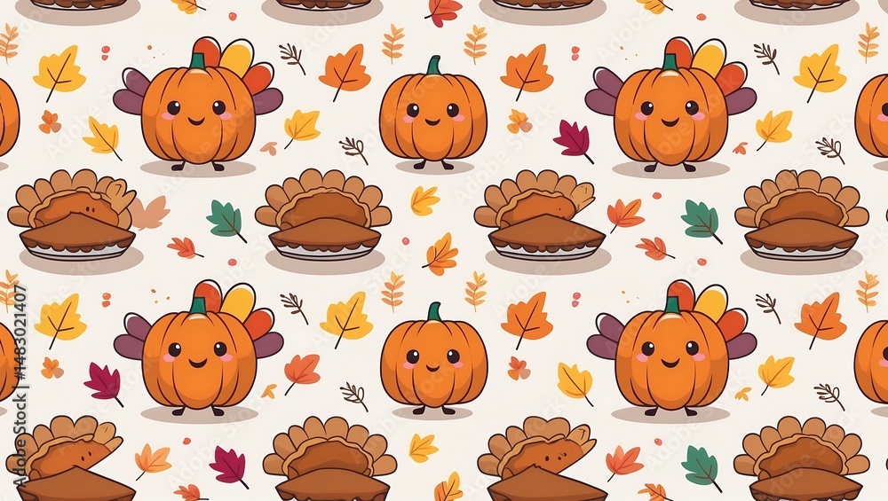 Obraz premium A cheerful Thanksgiving cartoon pattern features cute pumpkins, turkey pumpkins, and delicious