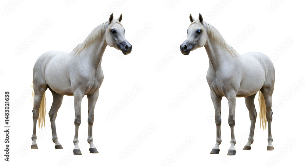 Obraz premium Symmetrical White Horses on White Background Showcasing Speckled Coats and Elegant Posture