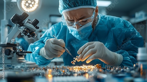Closeup photograph of a skilled specialist carefully extracting individual hair follicles using advanced micro instruments