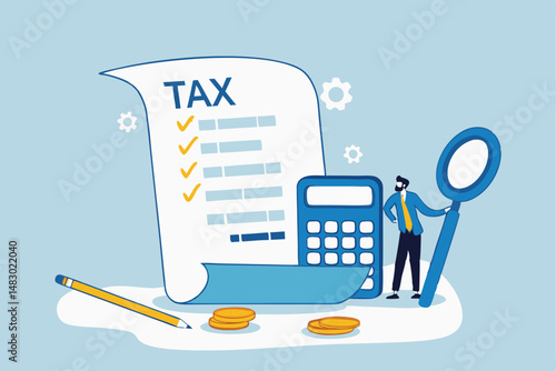Tax planning, financial strategy for tax optimization, reduction or refund, income or revenue management, taxation or calculation concept, businessman with magnifying glass analyze tax plan document.