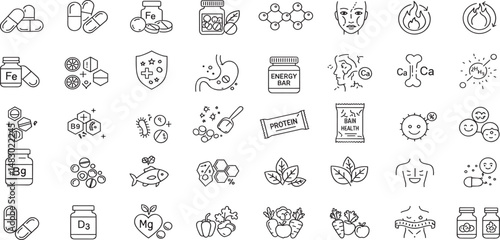 Supplements Line Editable Icons set. Vector illustration in modern thin line style of healthy lifestyle related icons: vitamins, minerals, amino acids, and more