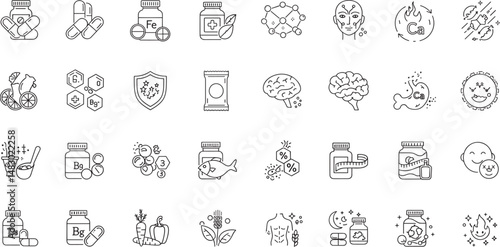 Supplements Line Editable Icons set. Vector illustration in modern thin line style of healthy lifestyle related icons: vitamins, minerals, amino acids, and more