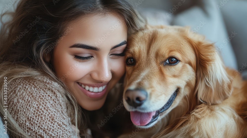 Smiling young hispanic woman enjoying cozy moment with golden retriever Smiling young hispanic woman enjoying cozy moment with golden retriever