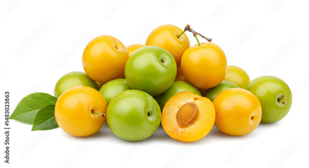 Pile Of Yellow And Green Plums With Leaves Against White Background Pile Of Yellow And Green Plums With Leaves Against White Background