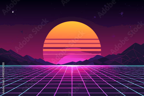 Create a vibrant retro 80s vector background featuring a bold neon grid pattern with a distinct synthwave aesthetic.  Include glowing lines and a futuristic feel.