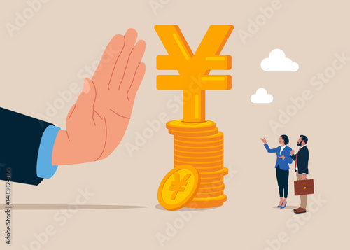 Anti corruption scene with illegal bribe money transfer. Businessman standing with pile of coins and sign Japanese Yuan. Flat vector illustration