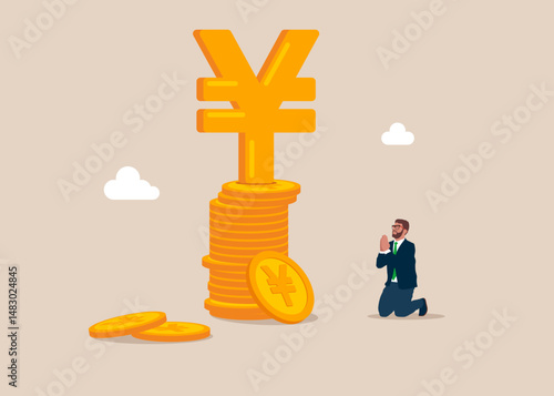 Businessman worshiping Japanese Yuan money, needing financial help. Financial and investment motivation for businessman. Flat vector illustration
