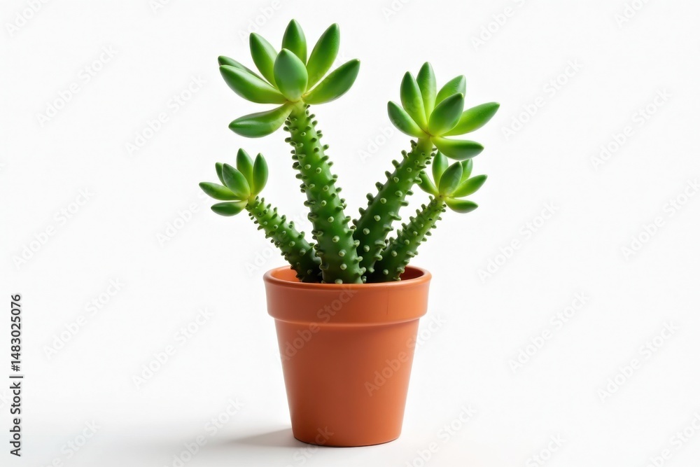 A small green succulent plant with thick leaves in a terracotta pot, set against a plain white background. A small green succulent plant with thick leaves in a terracotta pot, set against a plain white background.