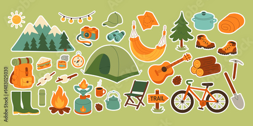 A collection of camping and outdoor gear, including a tent, a backpack, a bicycle, a guitar, and a compass